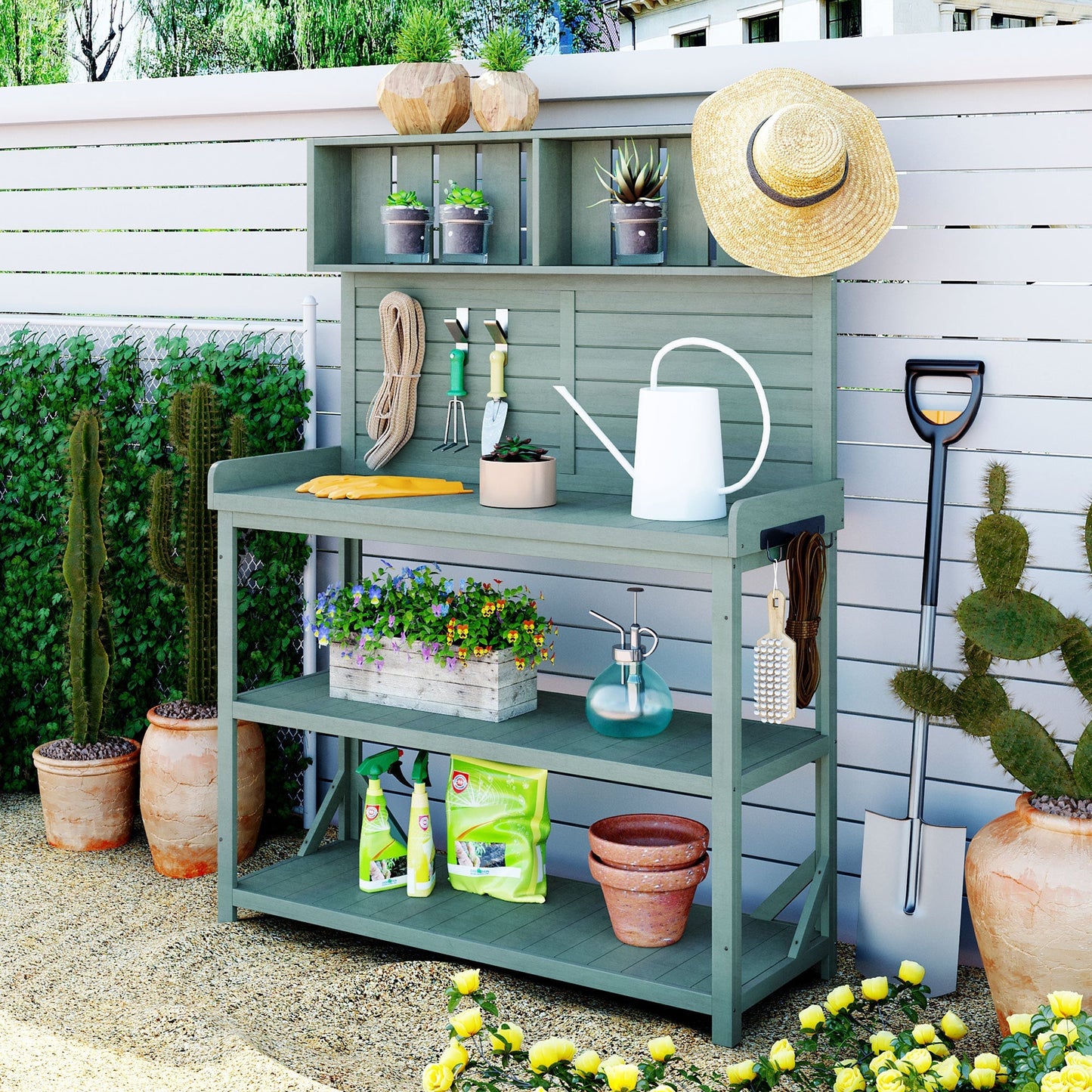TOPMAX 65" Large Wooden Farmhouse Rustic Outdoor Potting Bench Table