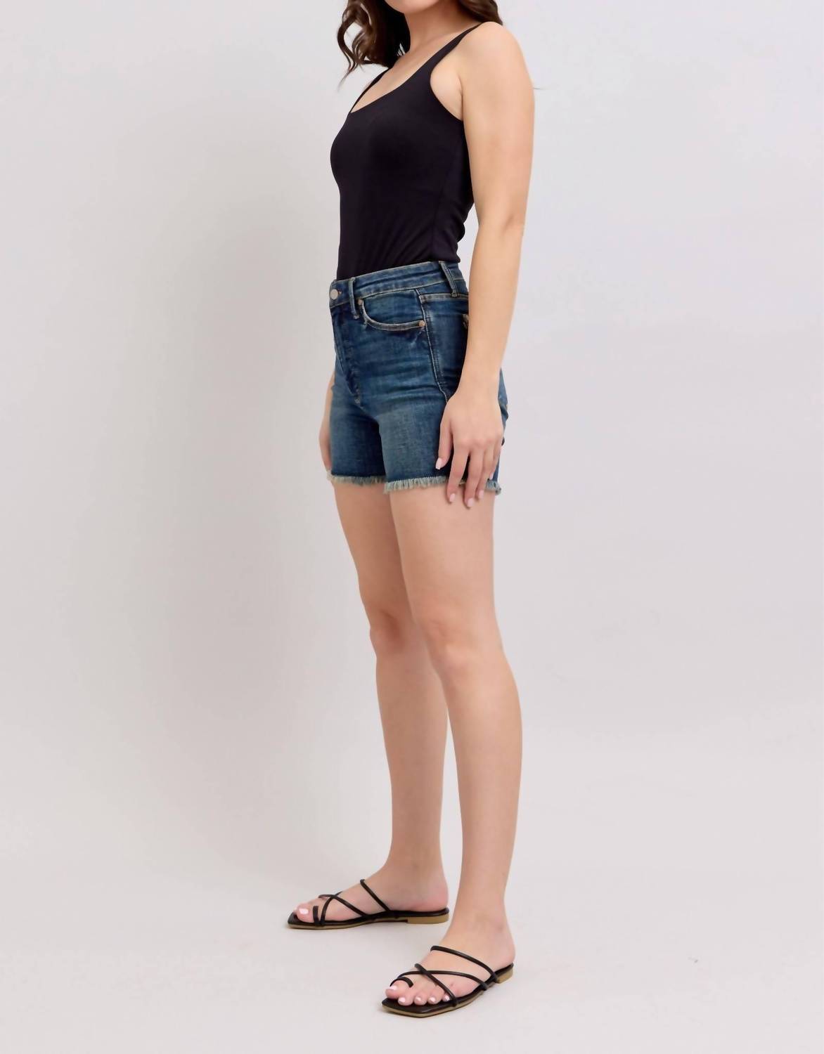 Judy Blue - High Waist Tummy Control Fray Hem & Shield Back Pockets Denim Short