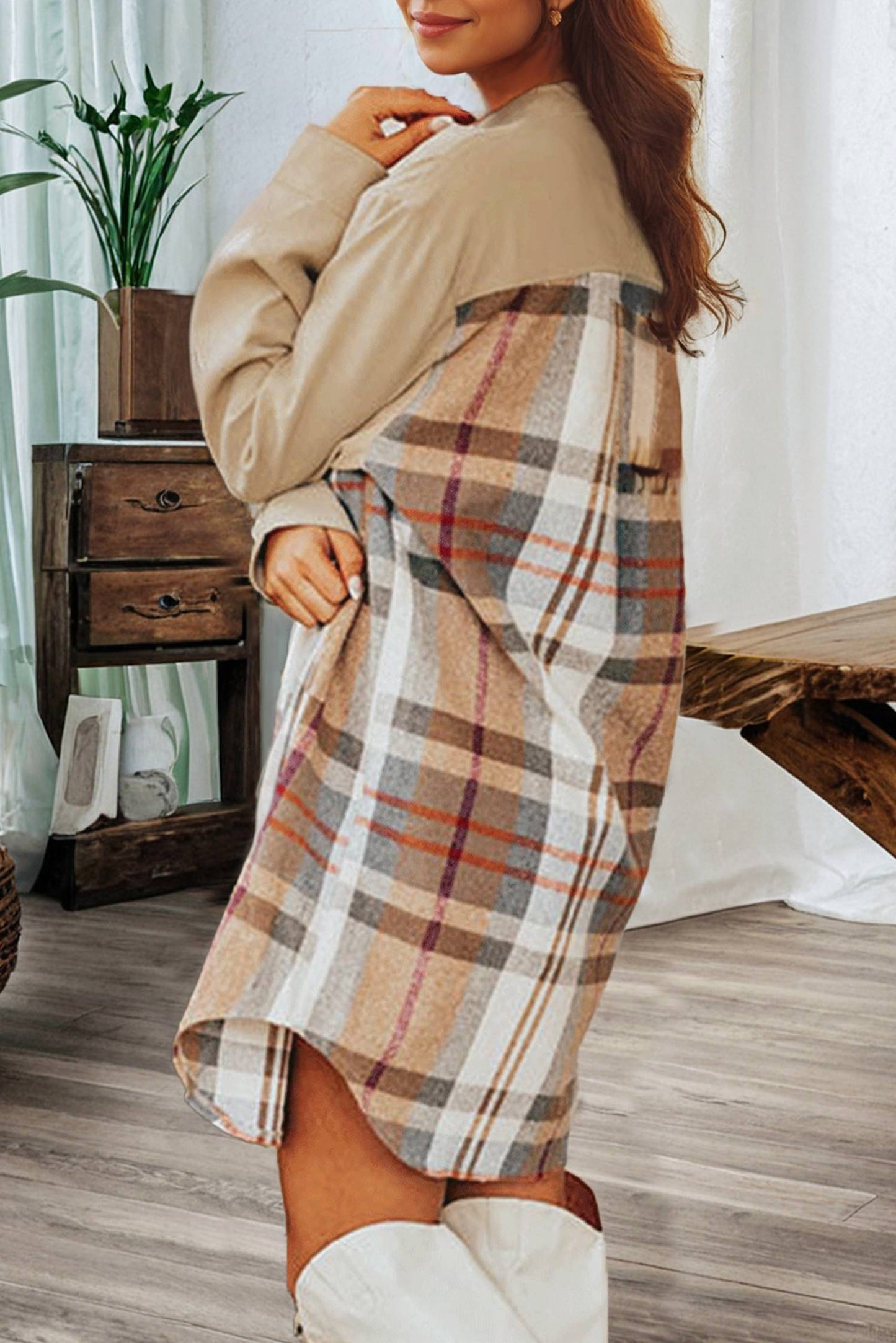 1 The Woman - plaid patch work long sleeve shirt mini fall dress