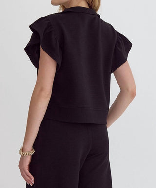 Entro - Half Zip Textured Flutter Sleeve Top