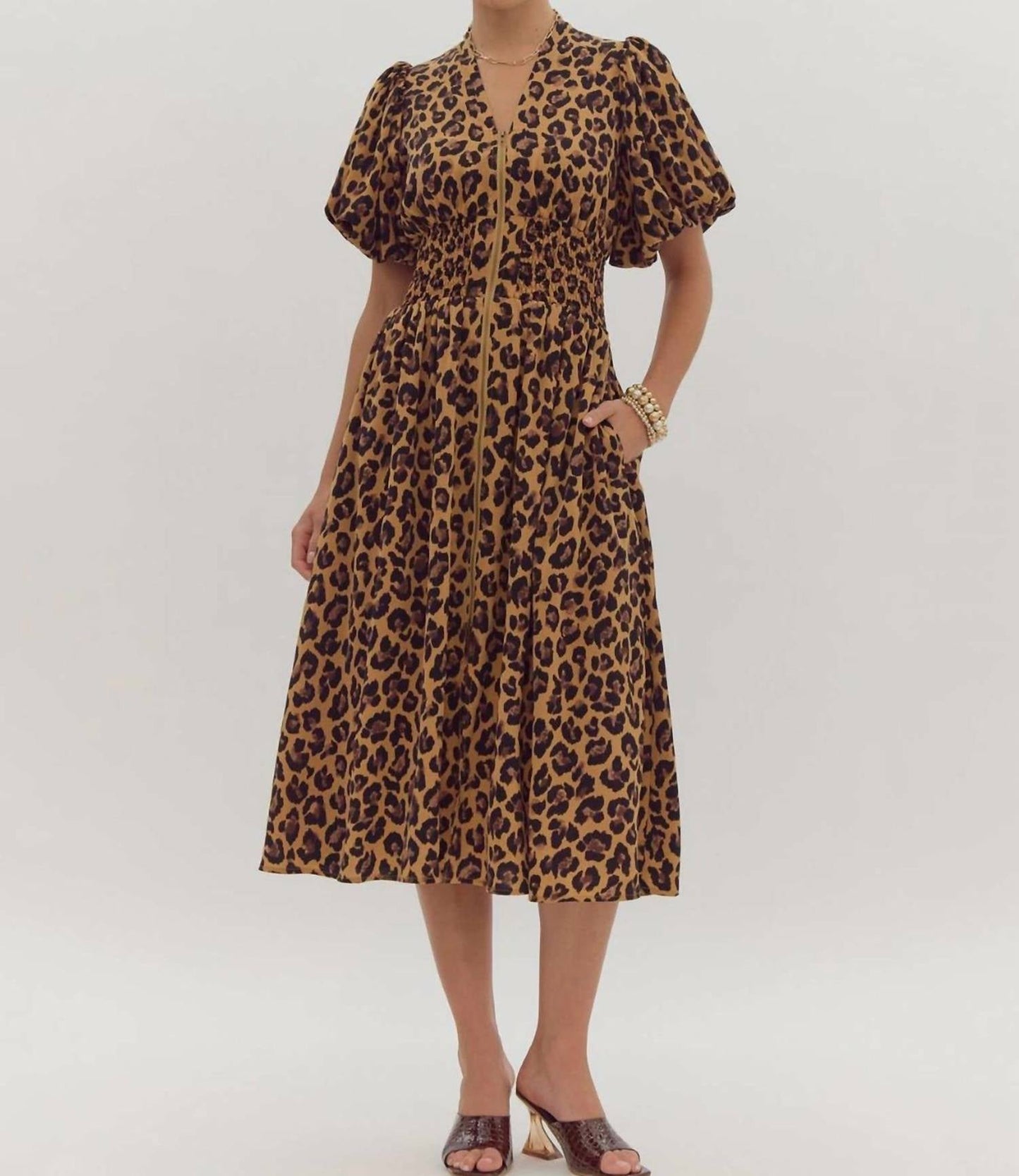 Entro - Leopard Print Zip Up Midi Dress