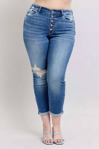 Judy Blue - Mid Rise Button Fly Distressed Boyfriend Jeans