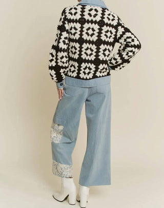 Davi & Dani - Crochet Bodice & Denim Detail Button Front Shirt Jacket