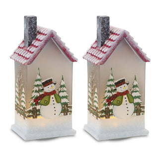 LED Lighted House with Snowman (Set of 2)