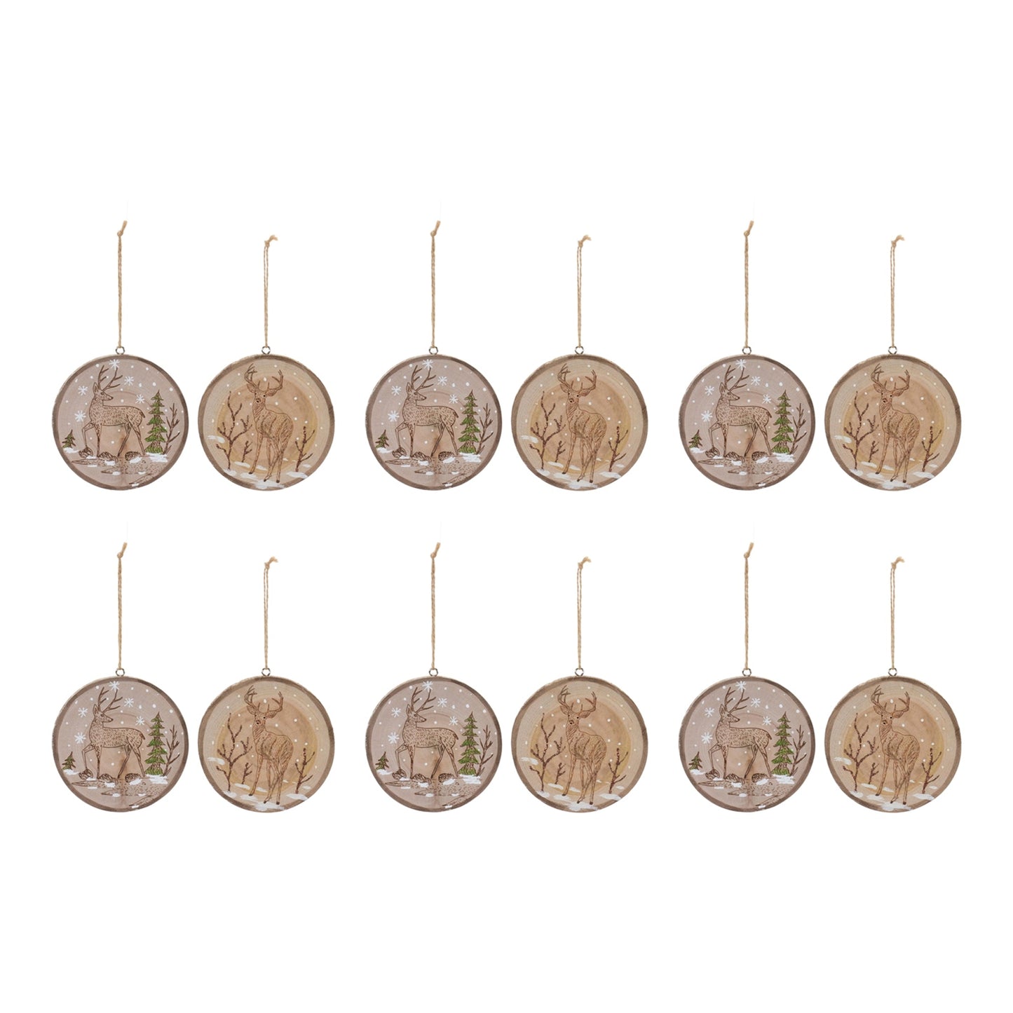 Wood Deer Tree Disc Ornament (Set of 12)