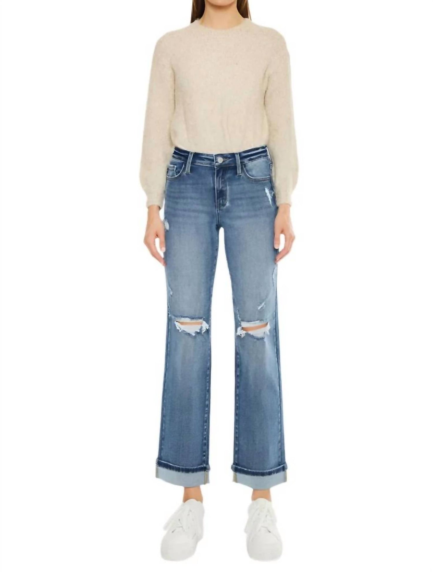 Kancan - Mid Rise Cuff Hem Straight Leg Jeans
