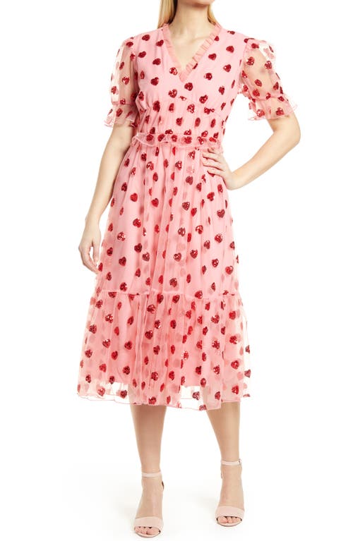 Rachel Parcell Sequin Heart Tulle Midi Dress in Pink, Size Large