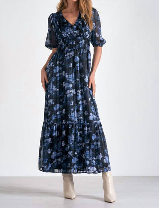 Elan - Three-quarter Sleeve V Neck Floral Maxi Dress