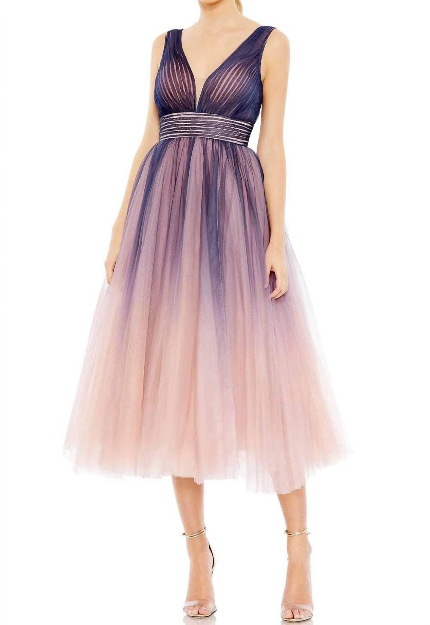 Mac Duggal - Pleated Bodice Tulle A-line Midi Dress