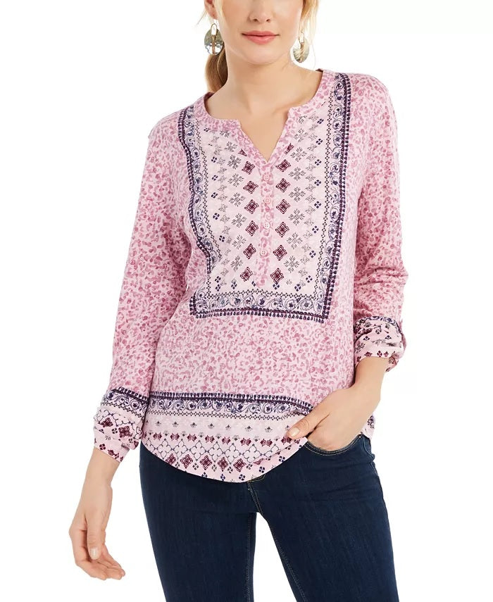 Style & Co Women's Printed Roll Sleeve Split Neck Top Pink Size Small