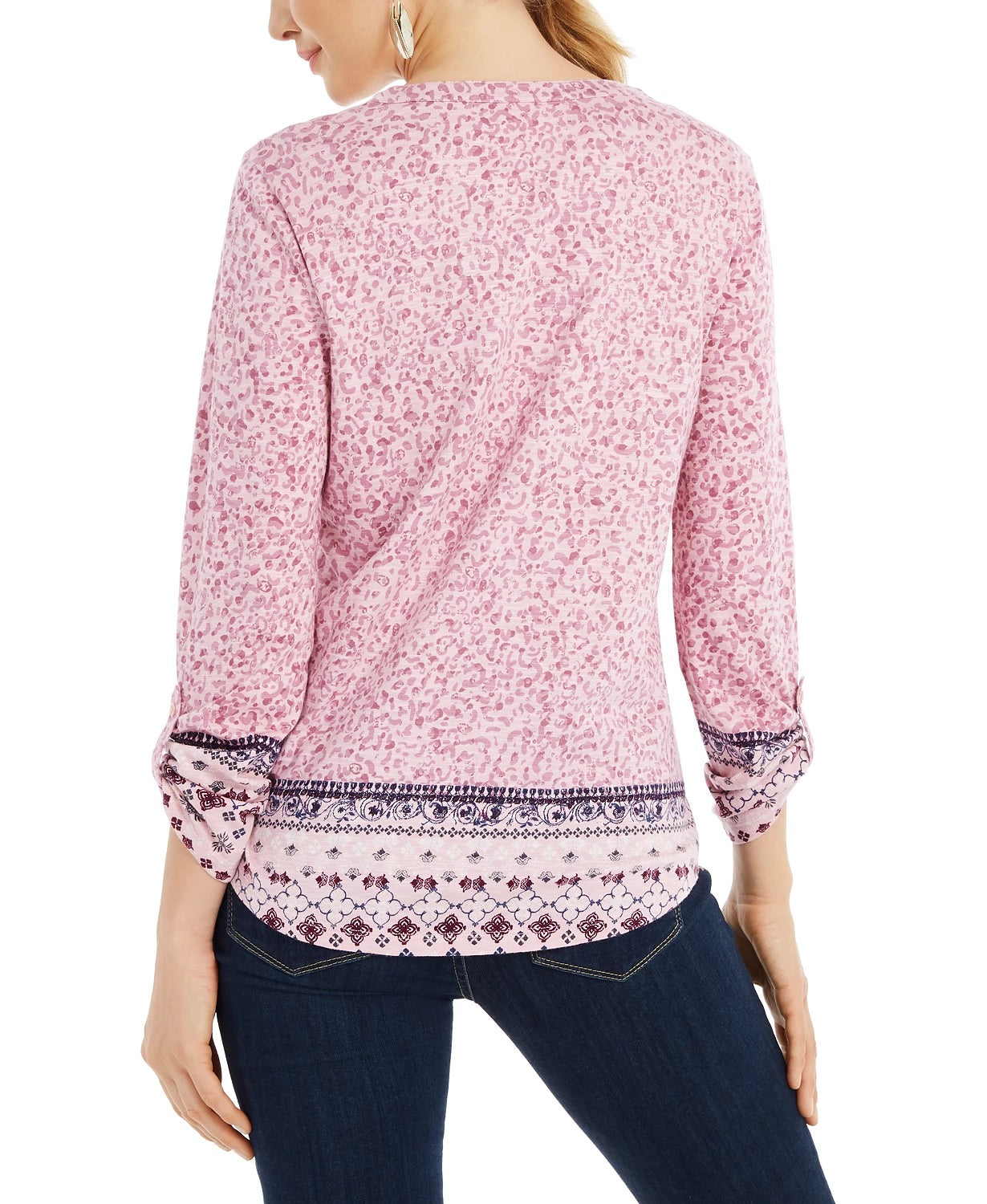 Style & Co Women's Printed Roll Sleeve Split Neck Top Pink Size Small