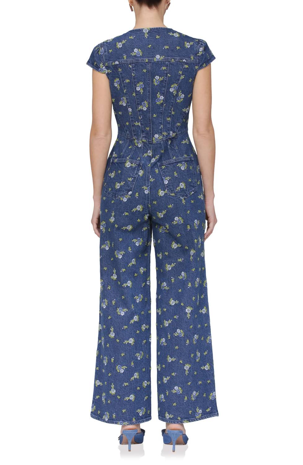 Avec Les Filles - Floral Cap Sleeve Corset Wide Leg Denim Jumpsuit