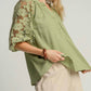 Umgee - Linen Boxy Cut Split Neck Top with floral Lace