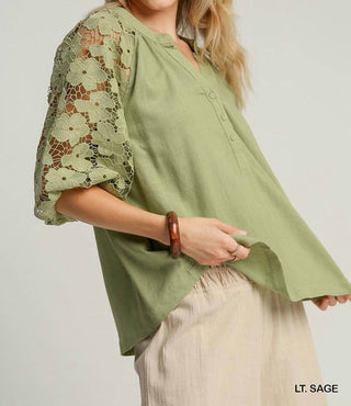 Umgee - Linen Boxy Cut Split Neck Top with floral Lace