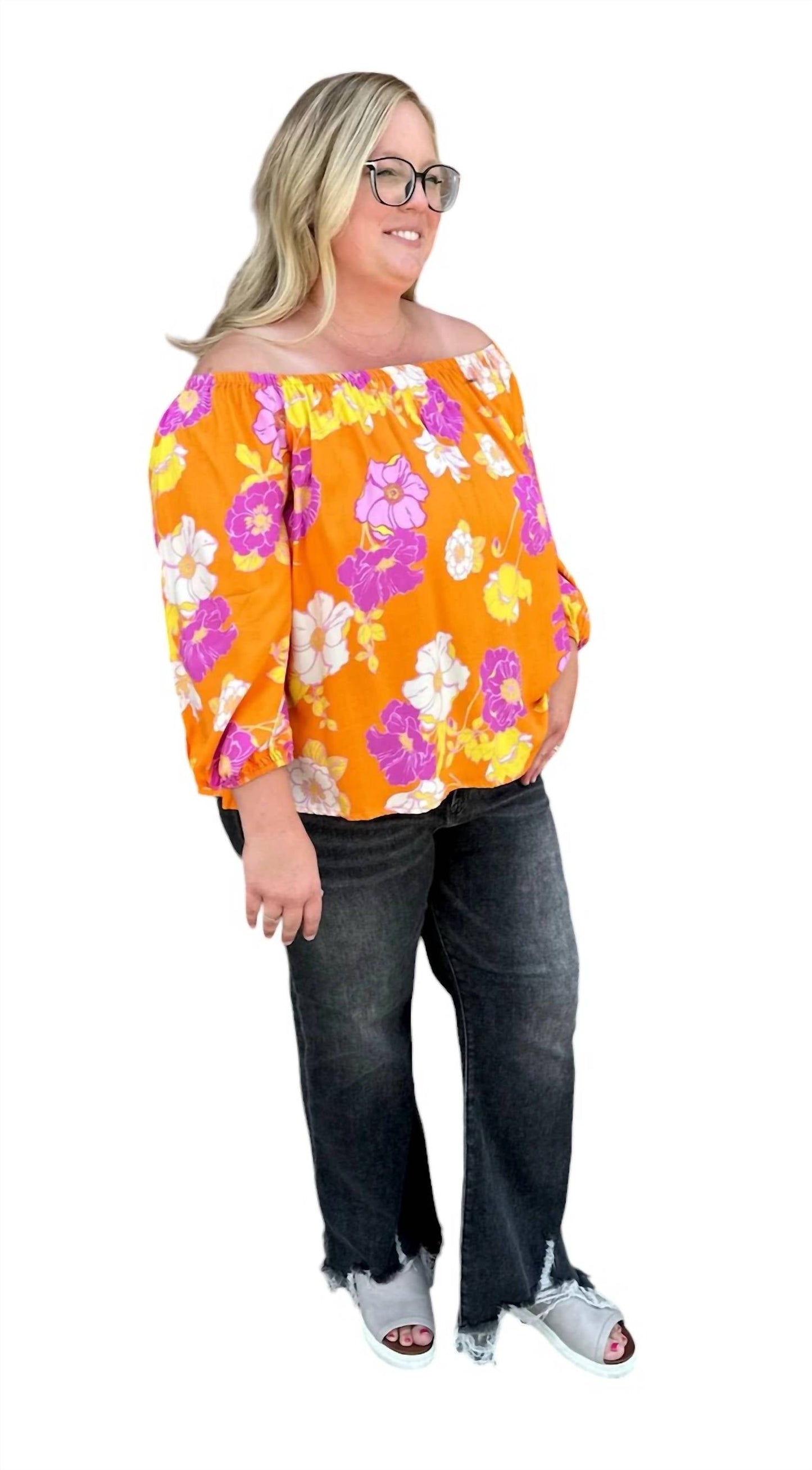 White Birch - Half Sleeve Floral Print Woven Top