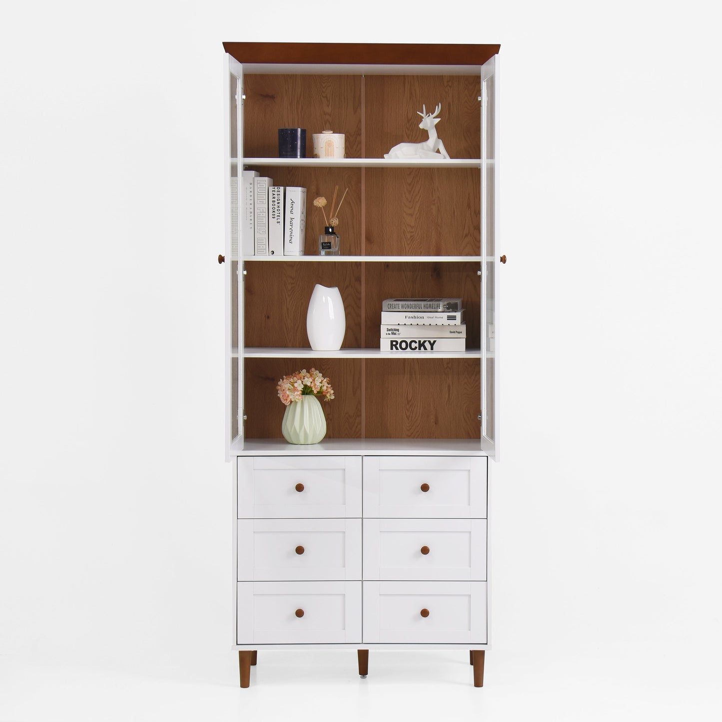 White MDF Display Storage Cabinet with Glass Doors and Adjustable Shelves
