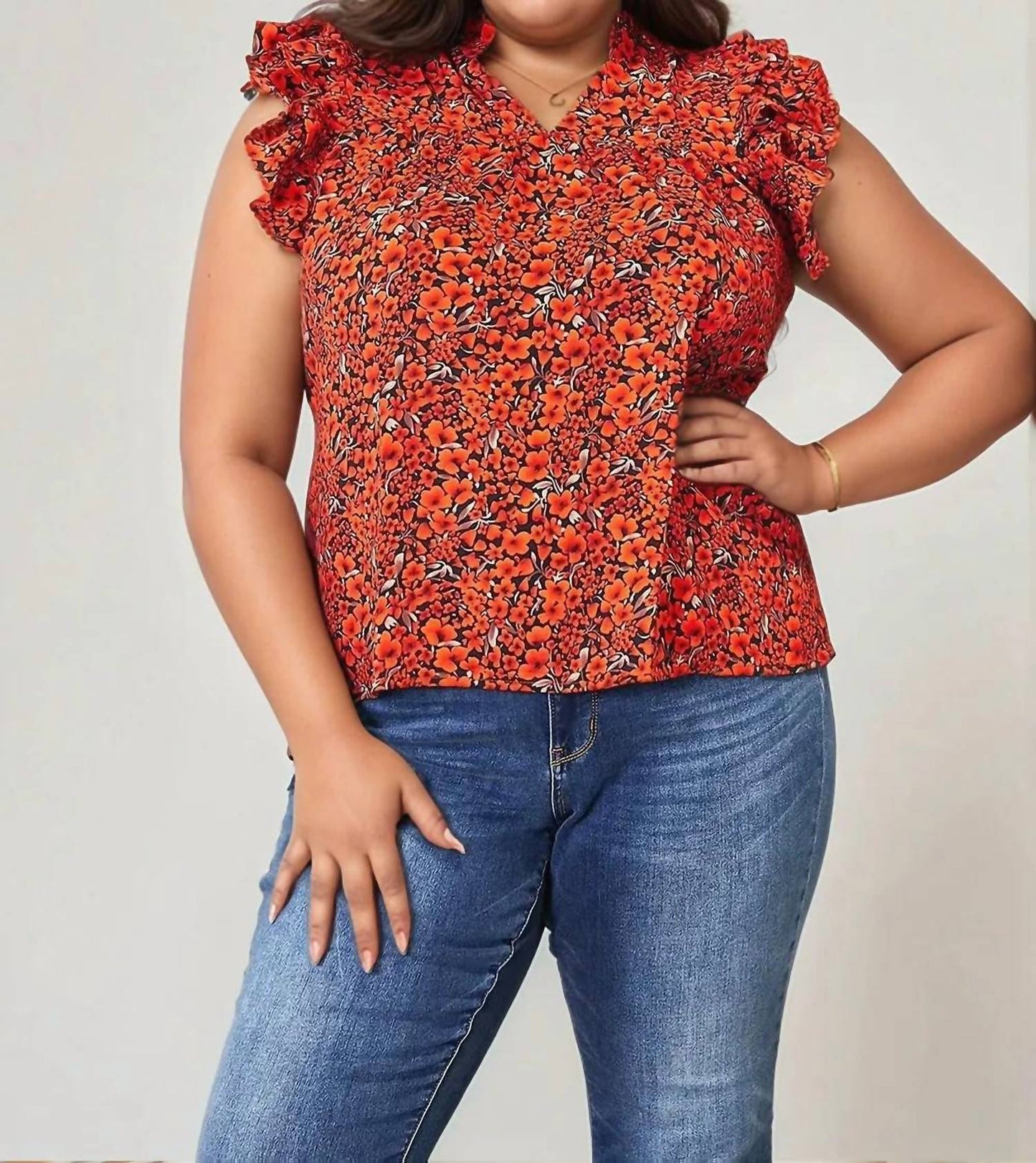 Double Take - Floral Flutter Sleeve Notched Neck Blouse