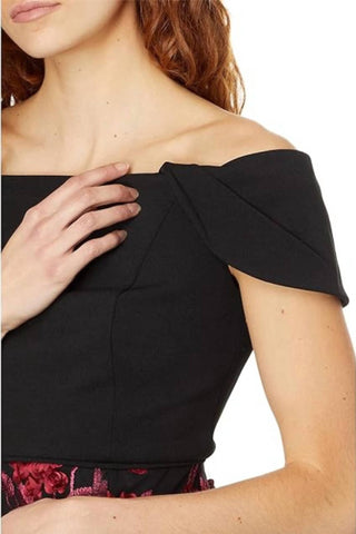 Adrianna Papell - Embroidered Off-the-shoulder Short Sleeve Bodice Gown