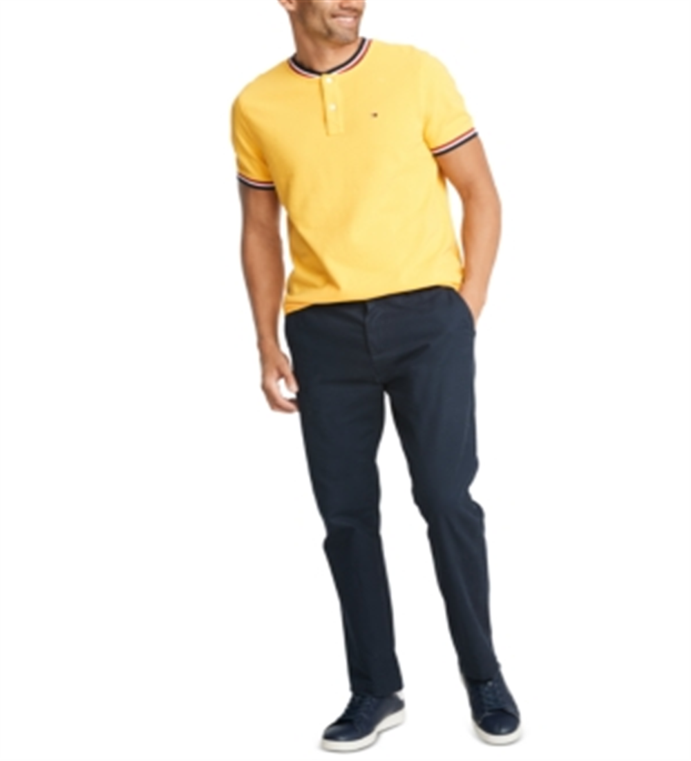 Tommy Hilfiger Men's Eaton Custom Fit Tipped Collarless Polo Shirt Yellow Size Small