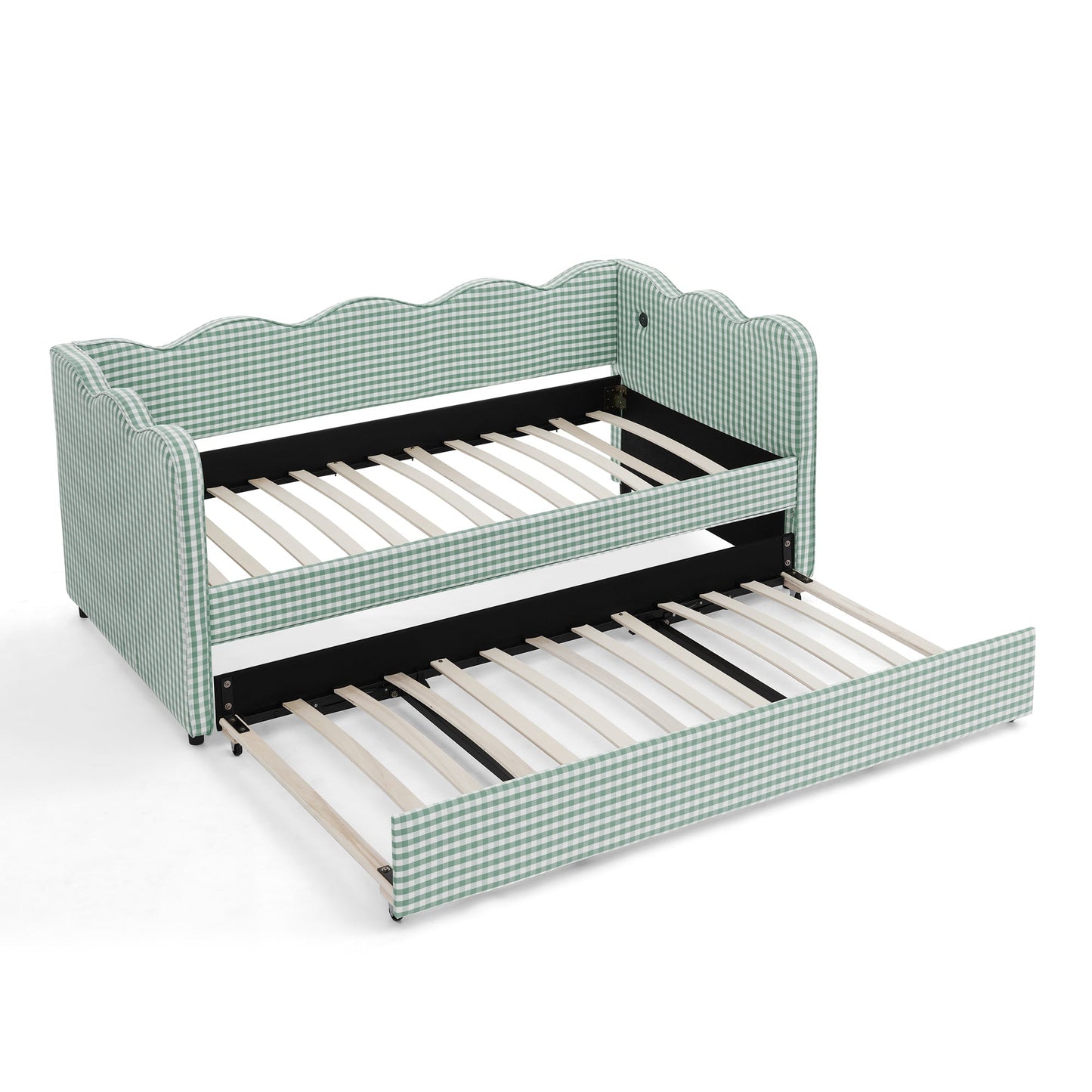 Cozy Gingham Daybed with Trundle Twin Size Sofa Bed No Box Spring Needed