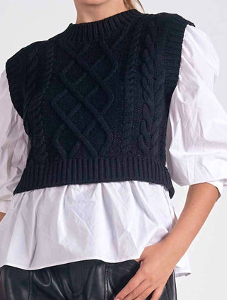 Elan - Cable Sweater Vest With Attached Blouse