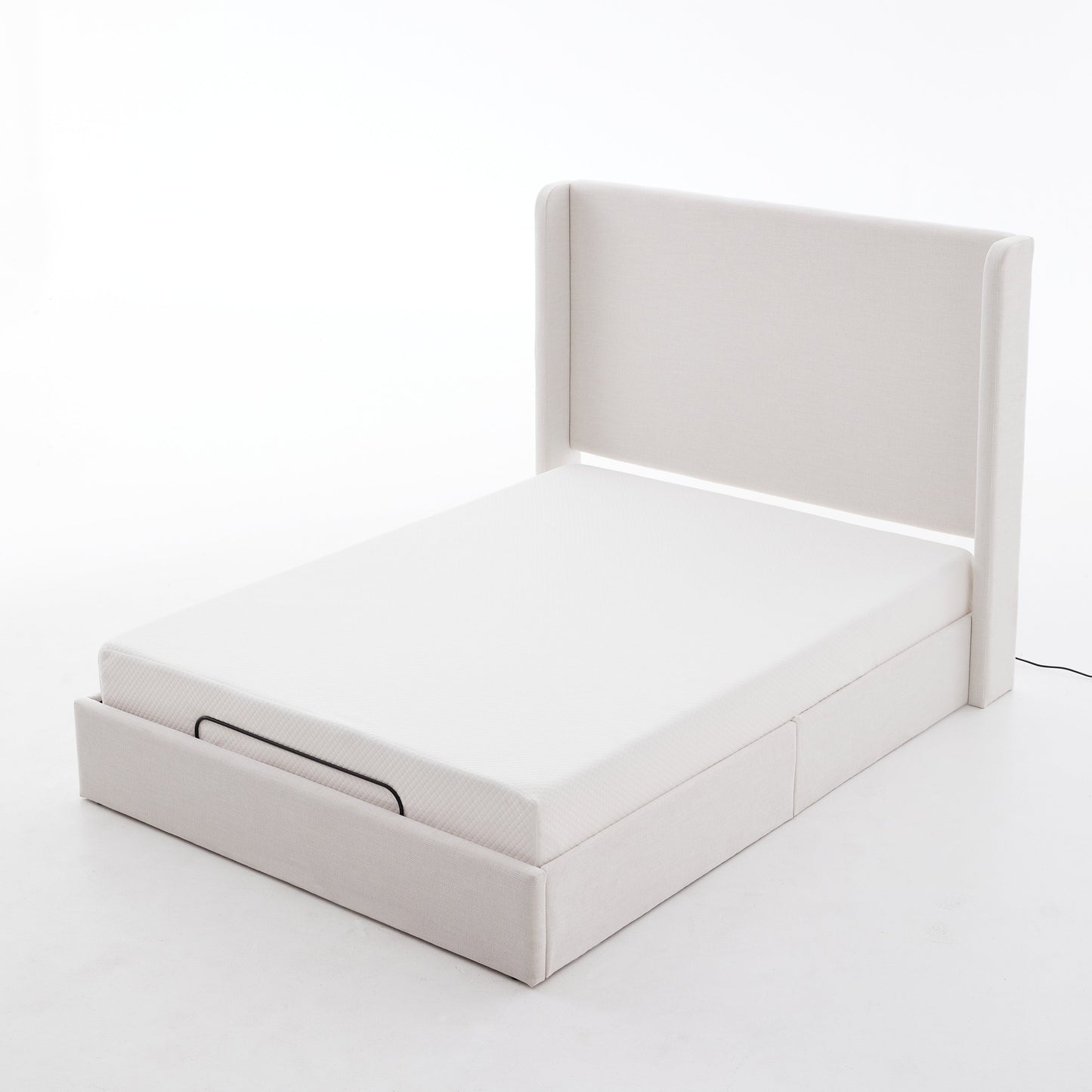 Caron Upholstered Wingback Bed with Adjustable Base Bundle Set, Queen Size