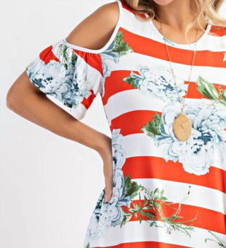 143 Story - Bold Stripe Floral Cold Shoulder Dress