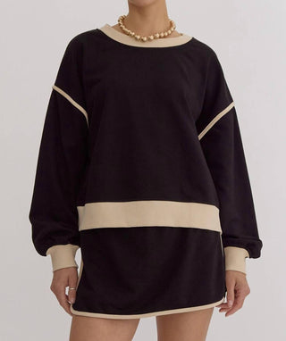 Entro - Solid Contrast Trim Long Sleeve Top