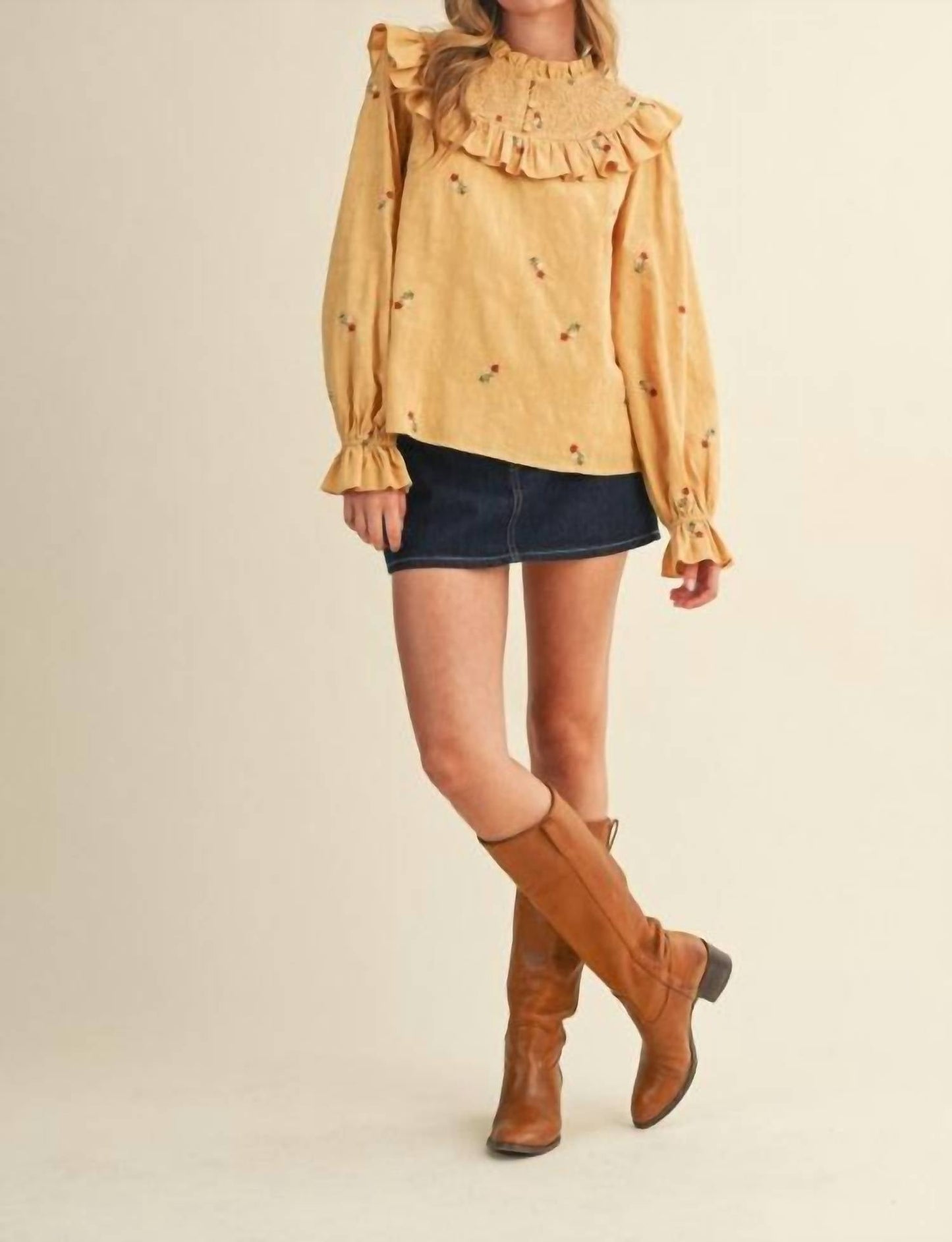 &Merci - Ruffled Smocked Embroidered Blouse