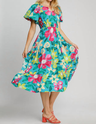 Trendsi - Umgee Full Size Tiered Floral Print Notched Puff Sleeve Midi Dress Plus Size