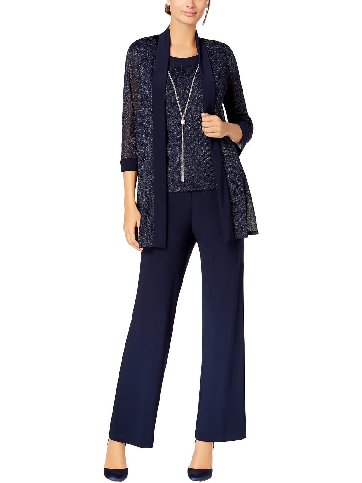 R & M Richards Women's Metallic Pantsuit Shell & Necklace Set Blue Size 14 Petite