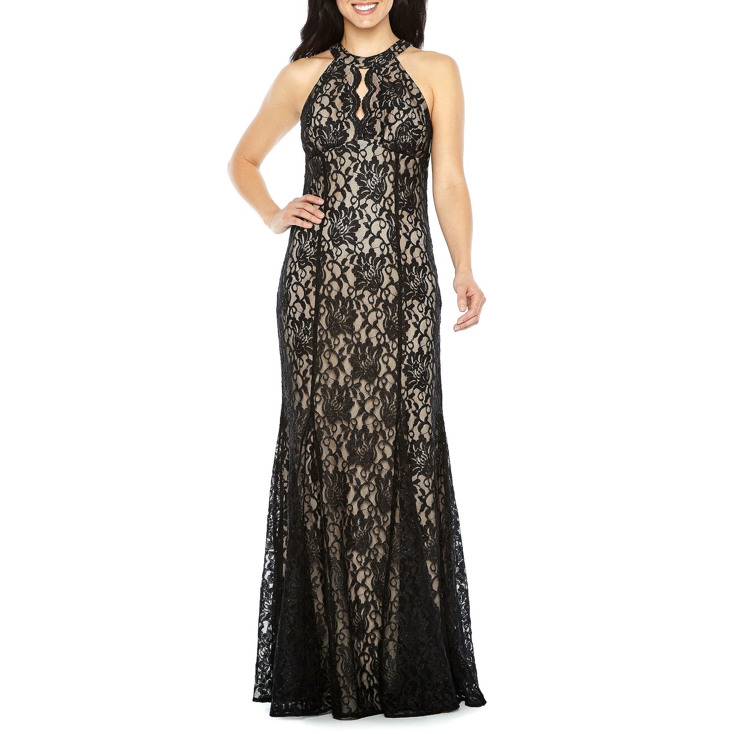 Nightway Women's Lace Keyhole Halter Gown Black Size 14