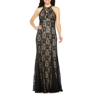 Nightway Women's Lace Keyhole Halter Gown Black Size 14