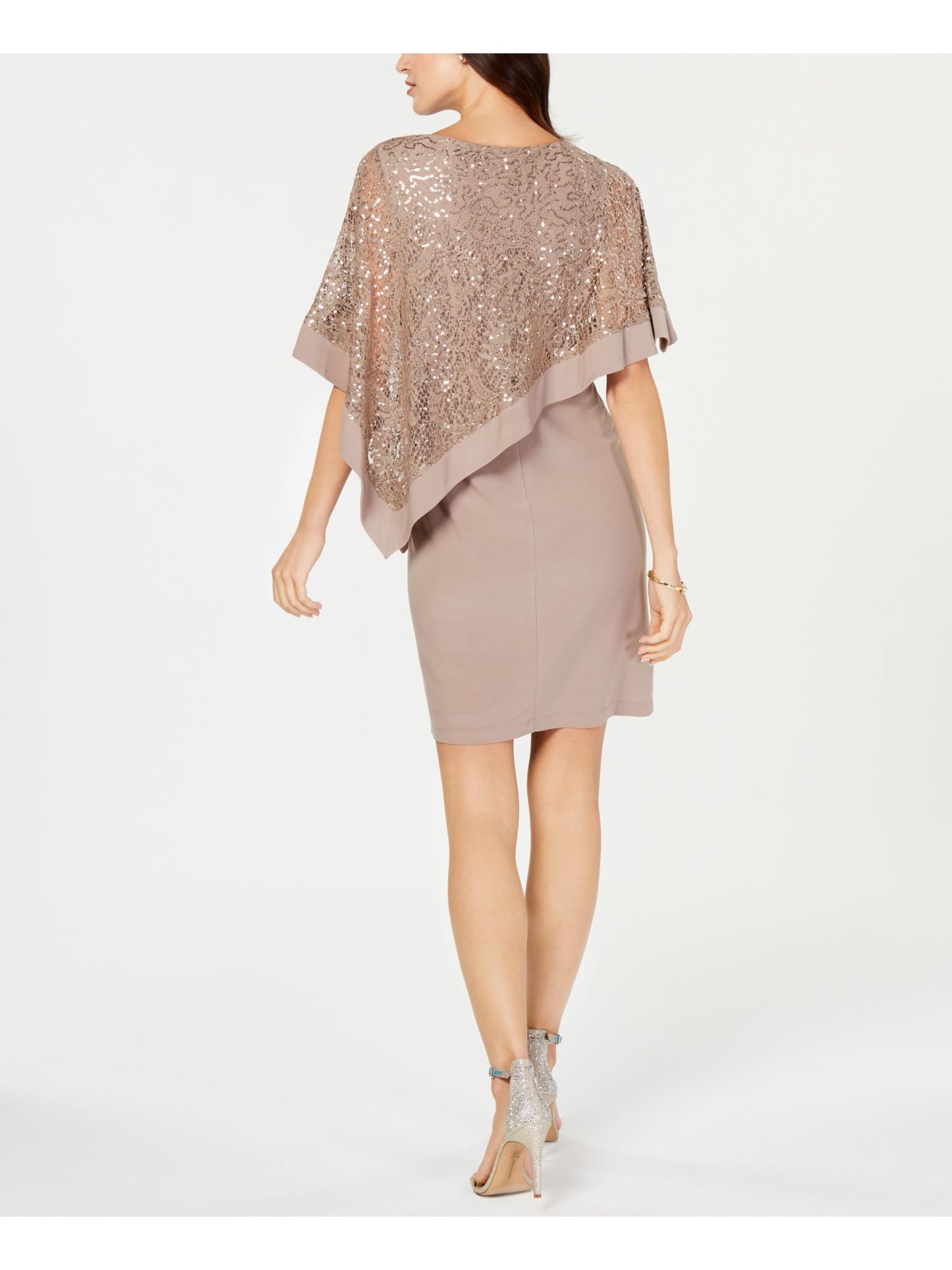 R & M Richards Women's Sequined Lace Cape Overlay Short Sleeve Boat Neck Short Party Sheath Dress Brown Size 8 Petite