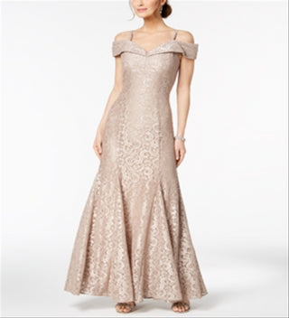 R & M Richards Women's Off the Shoulder Lace Gown Golden Size 12