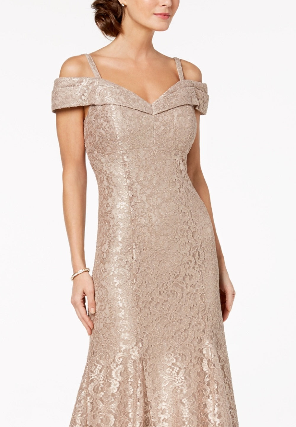 R & M Richards Women's Off The Shoulder Lace Gown Brown Size 14