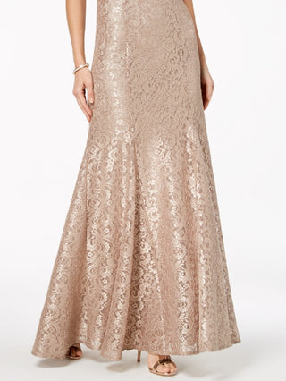 R & M Richards Women's Off The Shoulder Lace Gown Brown Size 14