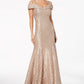 R & M Richards Women's Off The Shoulder Lace Gown Brown Size 14