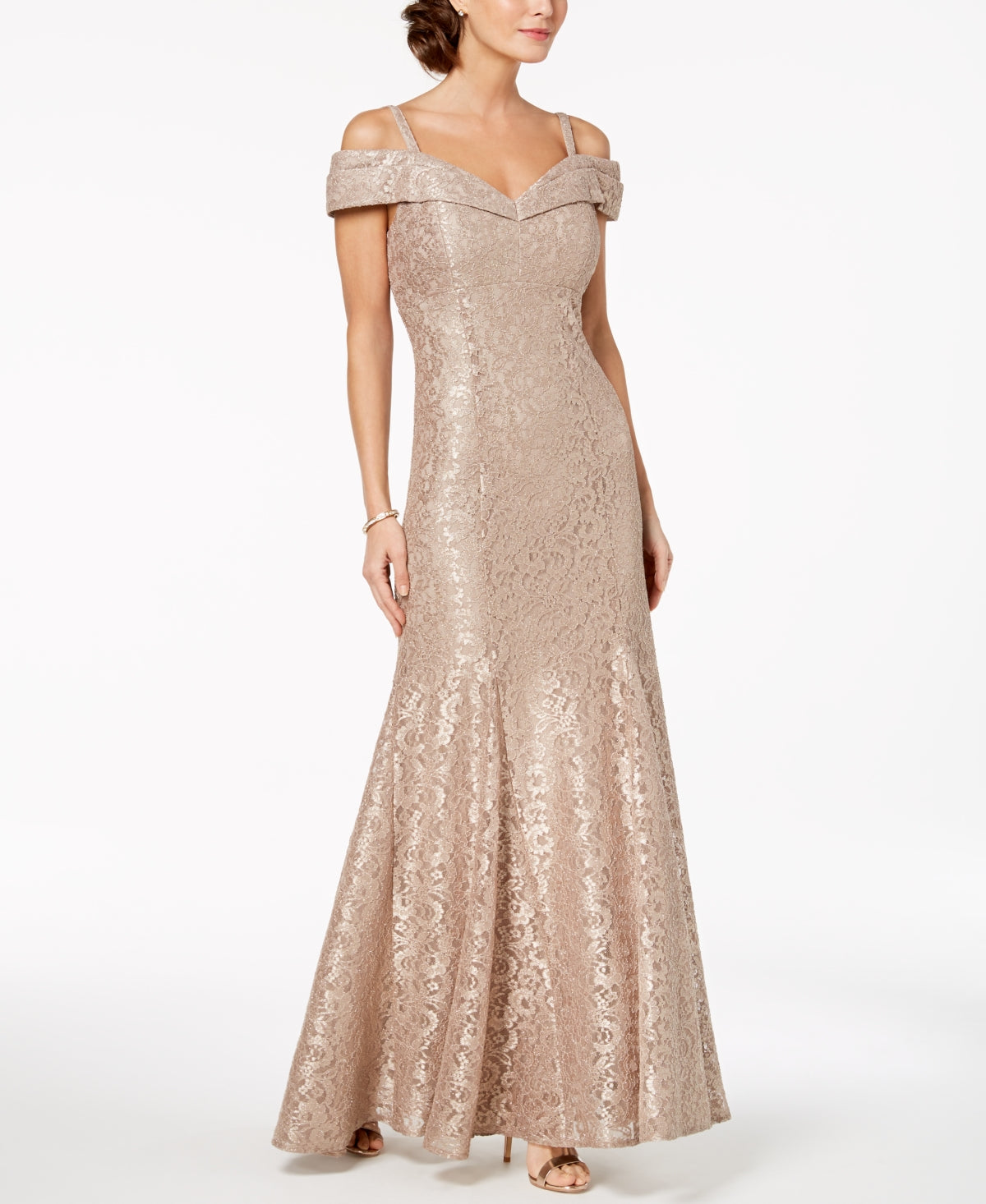 R & M Richards Women's Off The Shoulder Lace Gown Brown Size 14