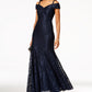 R & M Richards Women's Off The Shoulder Lace Gown Blue Size 16
