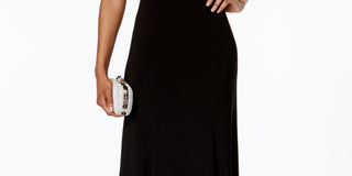 R & M Richards Women's Illusion Beaded Trim A Line Gown Black Size 8