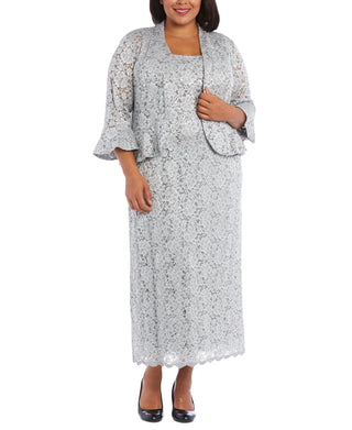 R & M Richards Women's Lace Dress & Ruffled Jacket Gray Size 16W