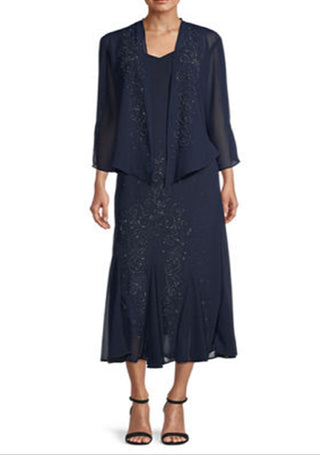 R & M Richards Women's Beaded Godet Jacket & Dress Set Blue Size 8