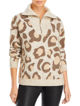 Aqua Women's Animal Print 1/4 Zip Pullover Sweater Brown Size Medium