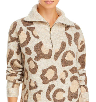 Aqua Women's Animal Print 1/4 Zip Pullover Sweater Brown Size Medium