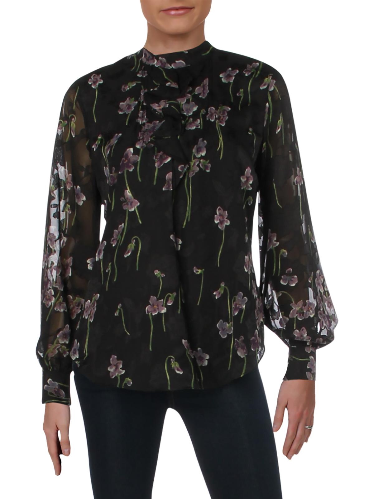 Ralph Lauren Women's Ozarra Floral Print Mock Neck Blouse Black Size 12