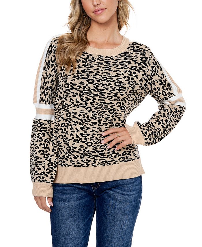 Fever Women's Jacquard Balloon Sleeve With Stripe Sweater Brown Size Small