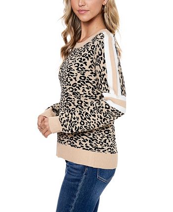 Fever Women's Jacquard Balloon Sleeve With Stripe Sweater Brown Size Small