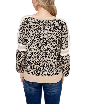 Fever Women's Jacquard Balloon Sleeve With Stripe Sweater Brown Size Small