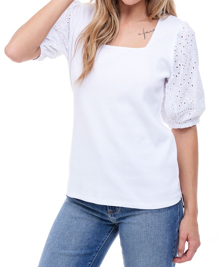 Fever Women's Eyelet Puff Sleeve Top White Size Medium